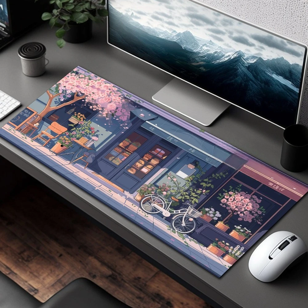 Kawaii Sakura&Cafe Store Pattern Mouse Pad Durable Office Deskpad Parties Gathering Card GameMat  Non-slip Keyboard PC Playmat