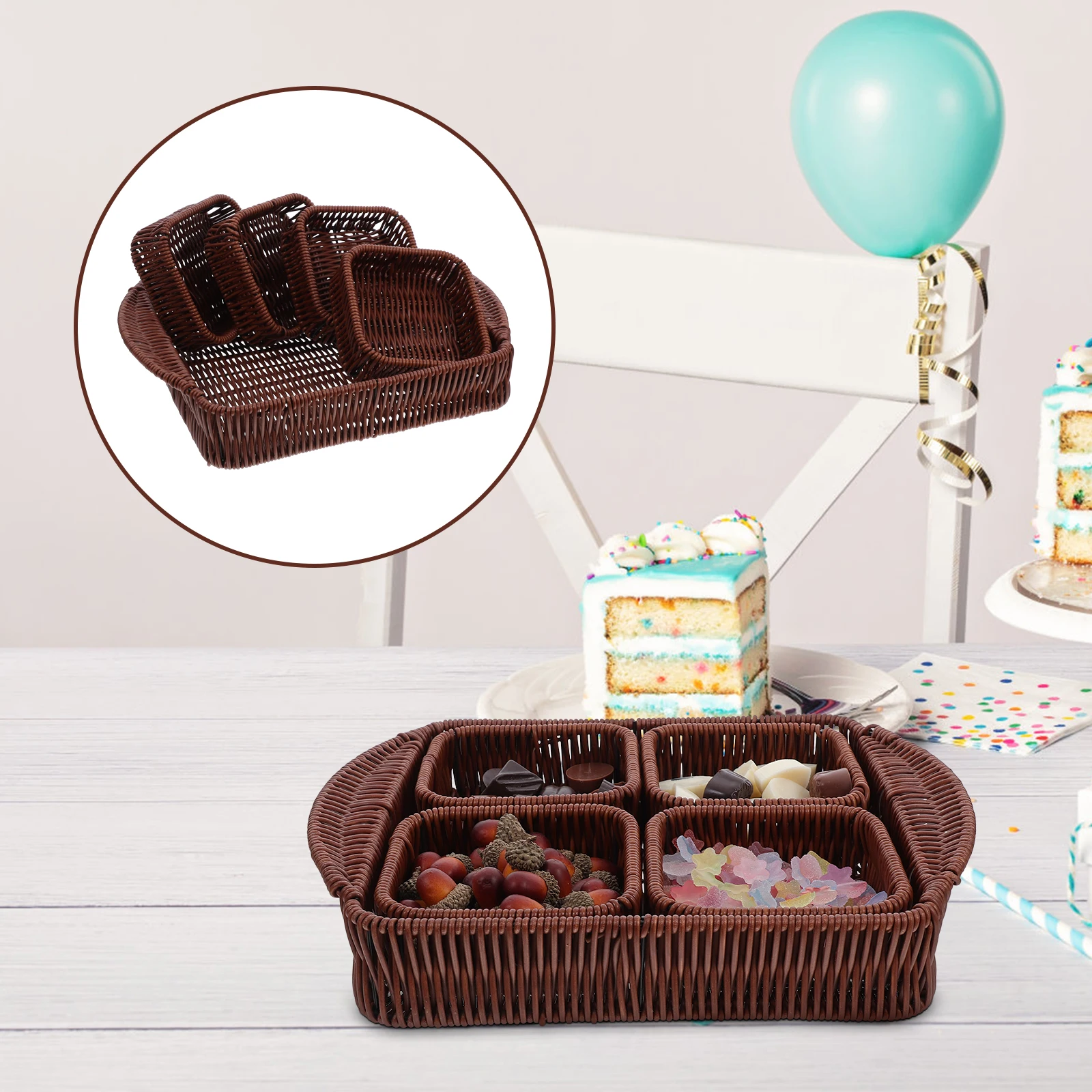 

1 Set Imitation Rattan Woven Snack Plate Practical Food Storage Tray Bread Serving Basket Hand-Woven Container For Nuts Dry