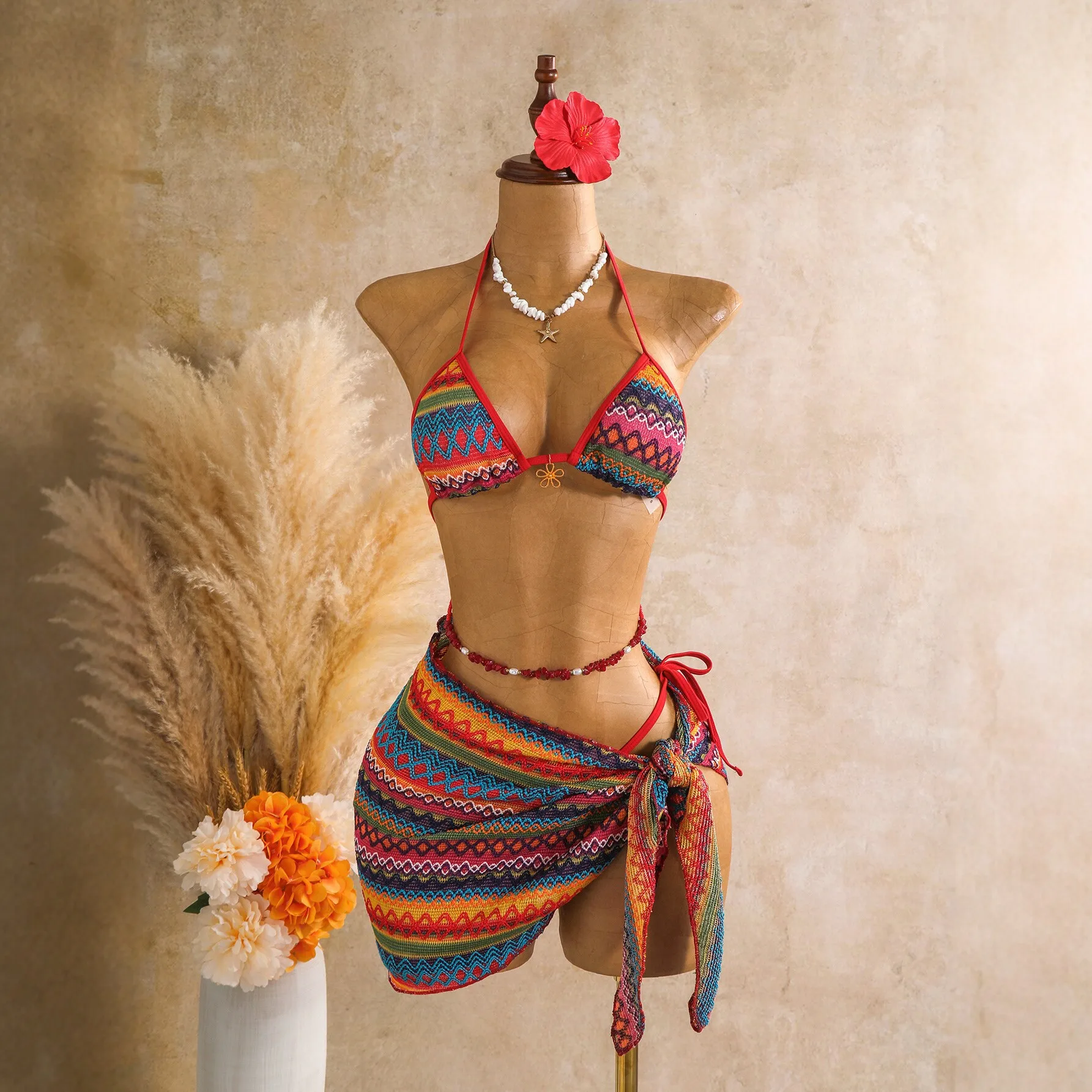Women Ethnic Zigzag Stripe 3 Piece Bikinis Set Bathing Suit Rainbow Knit Halter String Bikini Knot Wrap Skirt Cover Up Beach