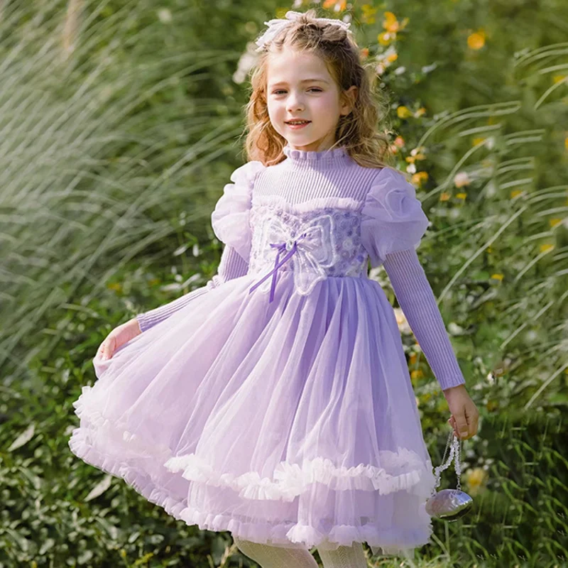 

【Spring and Autumn/Fleece Lined】Girls' Dress3 6Year-Old Sophie Princess Style Pettiskirt Puff Sleeve Princess Dress Autumn