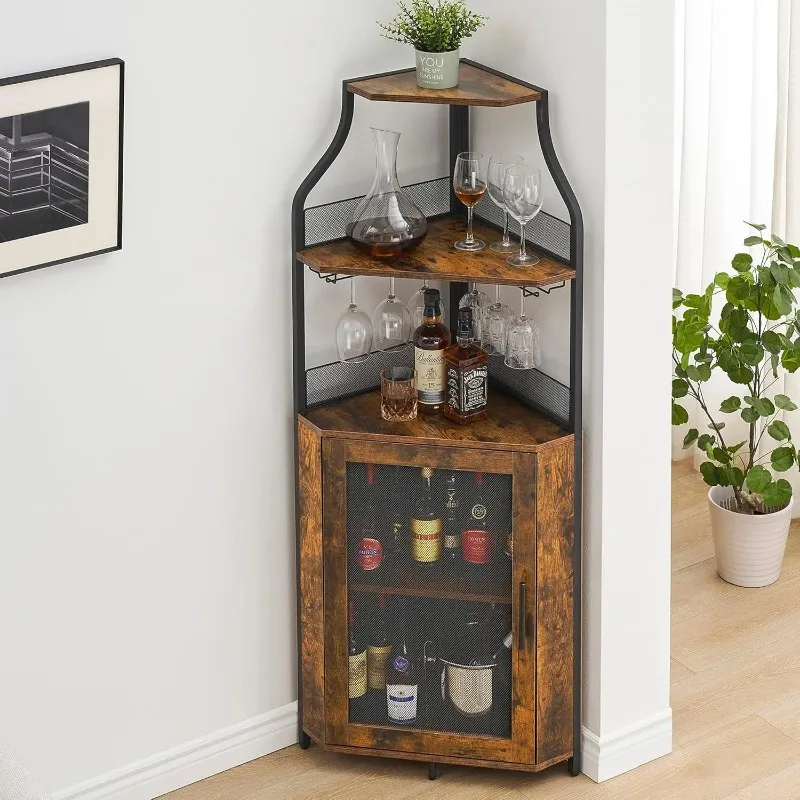 Corner Wine Cabinet with Detachable Wine Rack,Corner Bar Cabinet with Barn Door and Glass Holder, Buffet Cabinet and Home Bar