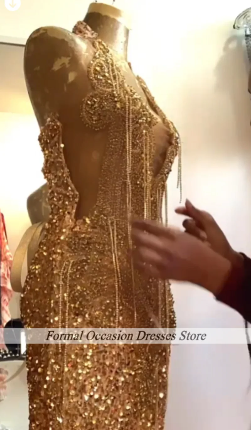 Parkly ゴールドウエディングドレス高級 2025 ホルターラインストーンクリスタルマーメイドパーティードレス黒人女の子フォーマルイベントイブニングドレス