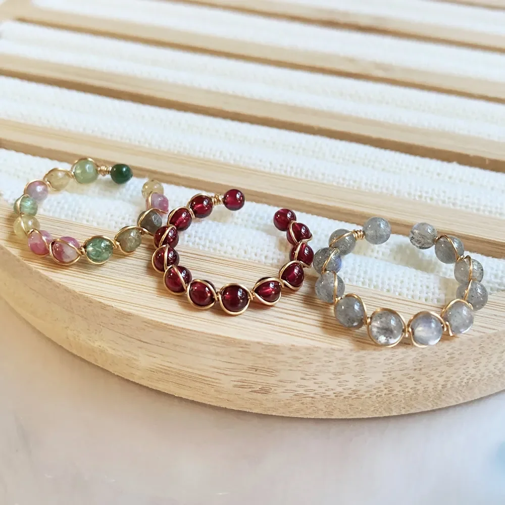 Gold Color Natural Crystal Stone Rings for Women Wire Wrap Small Beads Charm Garnets Tourmalines Labradorite Quartz Rings Bands - Image 5