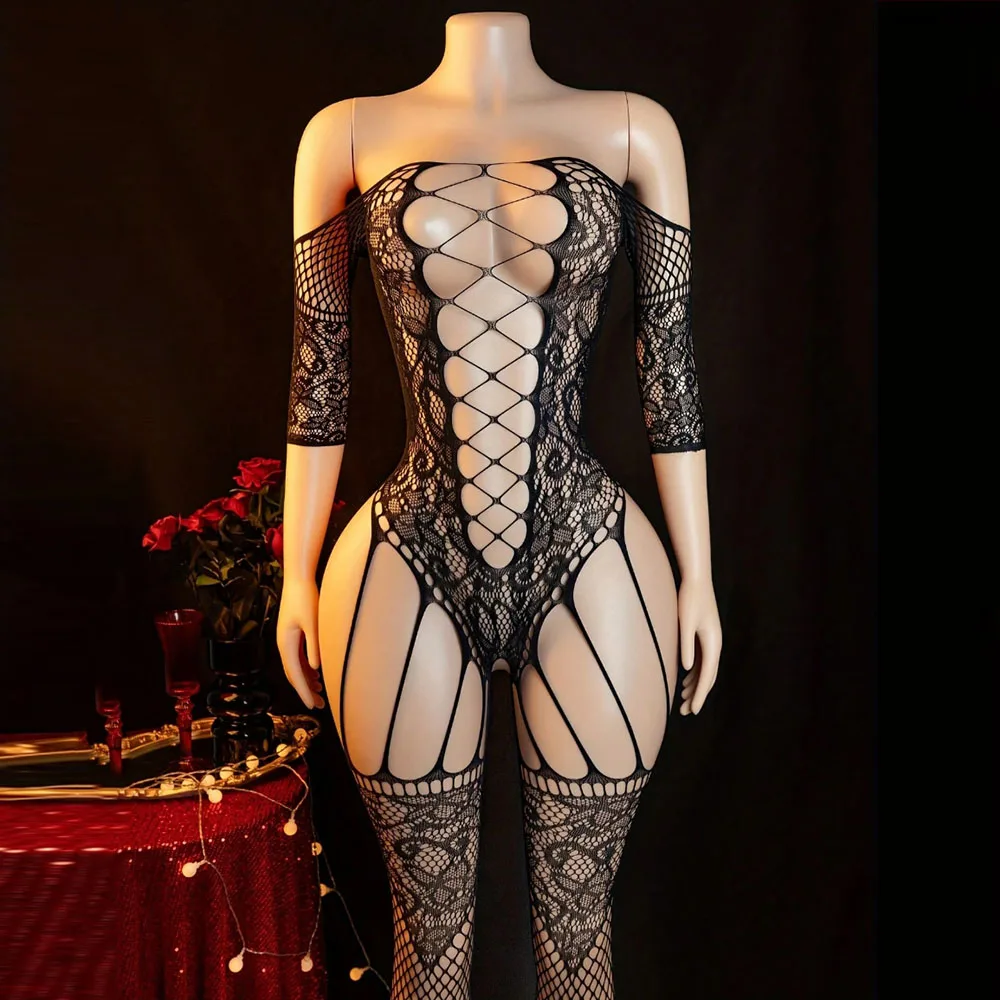 

Цельное сексуальное женское белье, сексуальное прозрачное боди для рыболовной сети с открытой промежностью - женский эластичный стиль с вырезами, плотный