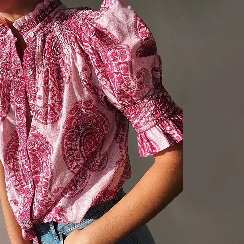 Vintage Ethnic Print Women\'s Pleated Blouse Chic Ruched Stand Neck Short Puff Sleeves Buttons Shirts 2024 Ladies Elegant Streetw