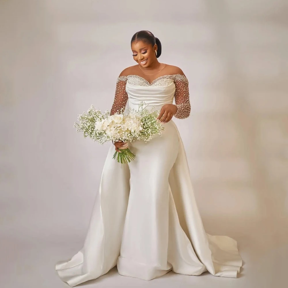 

African Beaded Mermaid Wedding Dresses Bride O-Neck Crystal Illusion Full Sleeve 2 In 1 Bride Gowns Detachable Train Customized