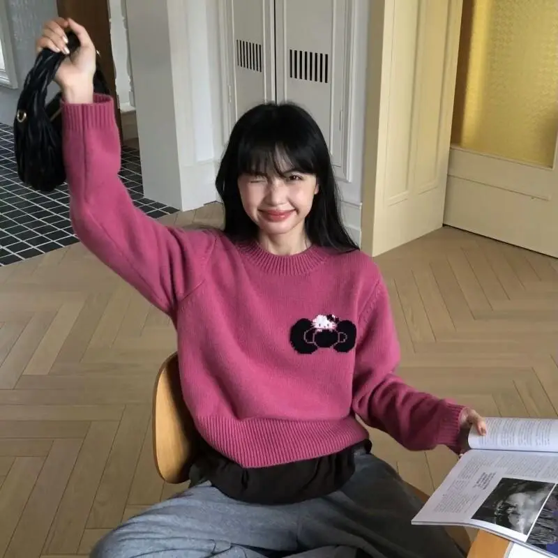 

Sanrio Hello Kitty свитер пуловер осень и зима вязаный свитер с круглым вырезом Kawaii аниме модный повседневный новый комплект из двух предметов