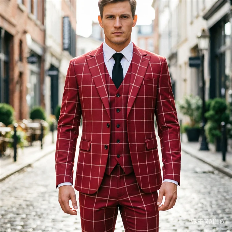 

Men's Luxurious Red Checkered Suit Three Piece Set, Fashionable Men's Business and Social Double Breasted Dress Set