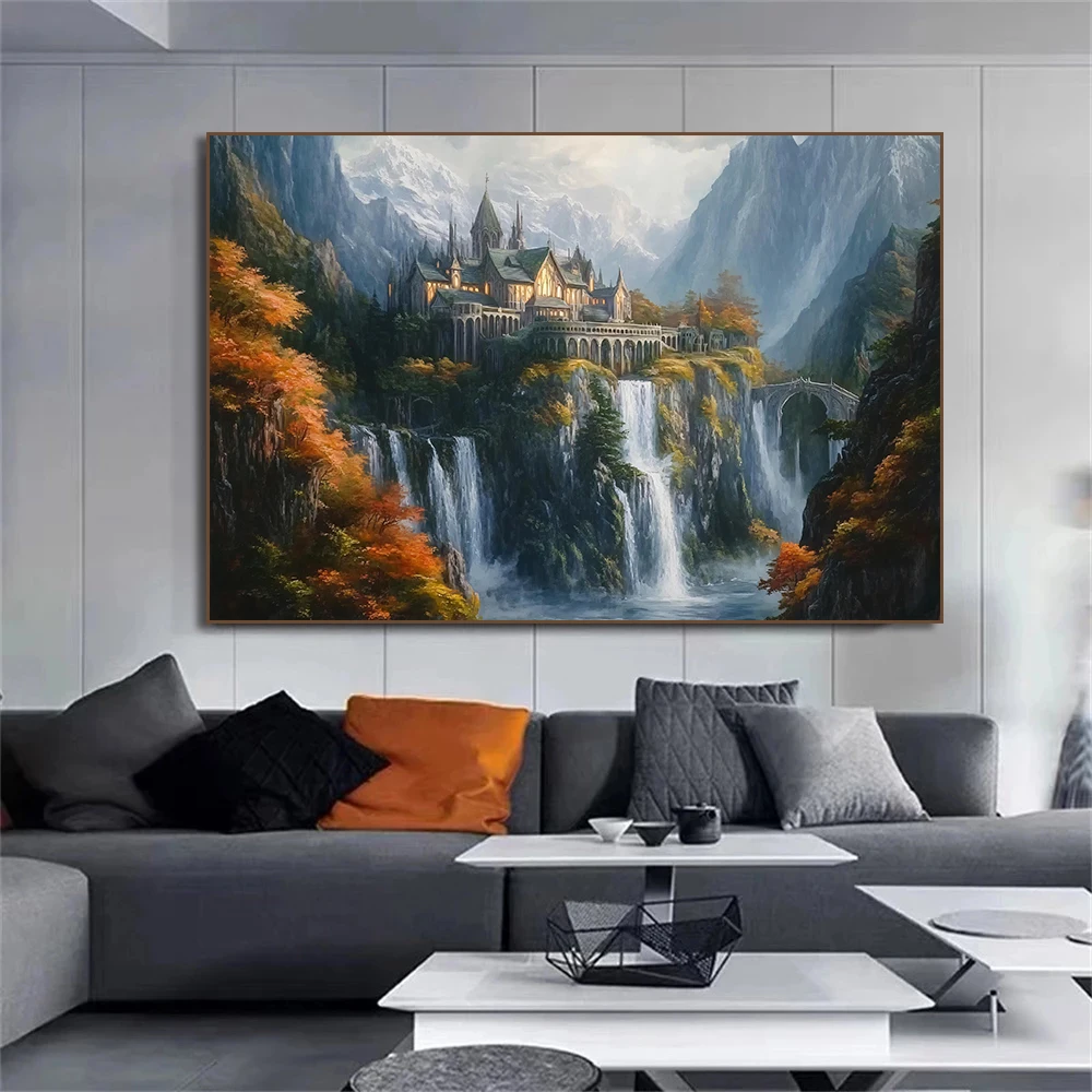 H-Hobbit Casa Pintura em Tela Impressão de Arte, Arte de Parede de Paisagem Shire, Fantasia de Campo da Natureza para Sala de estar Decoração de Casa,