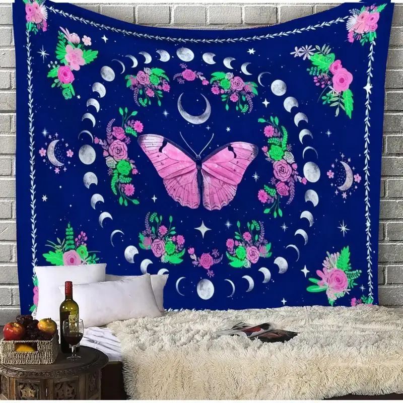 VIKAMA Butterfly Moon Phase Pink Flower Wall Tapestry Witchy Celestial Floral Gothic Home Decor Lovely Gift Soft Durable Cozy