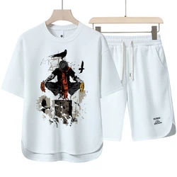 Summer Casual Men's Green Suit High Street Harajuku T Shirts Shorts 2 Piece Set Trend Printed Tee Short Pants Men's Clothing New