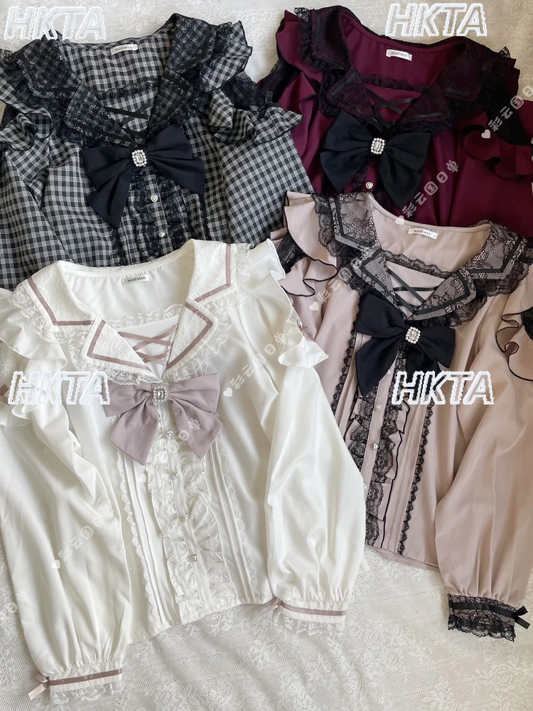 Japonais automne Production de masse mignon col marin dentelle hors de l'épaule nœud à manches longues chemise femmes doux plissé blanc Blusas