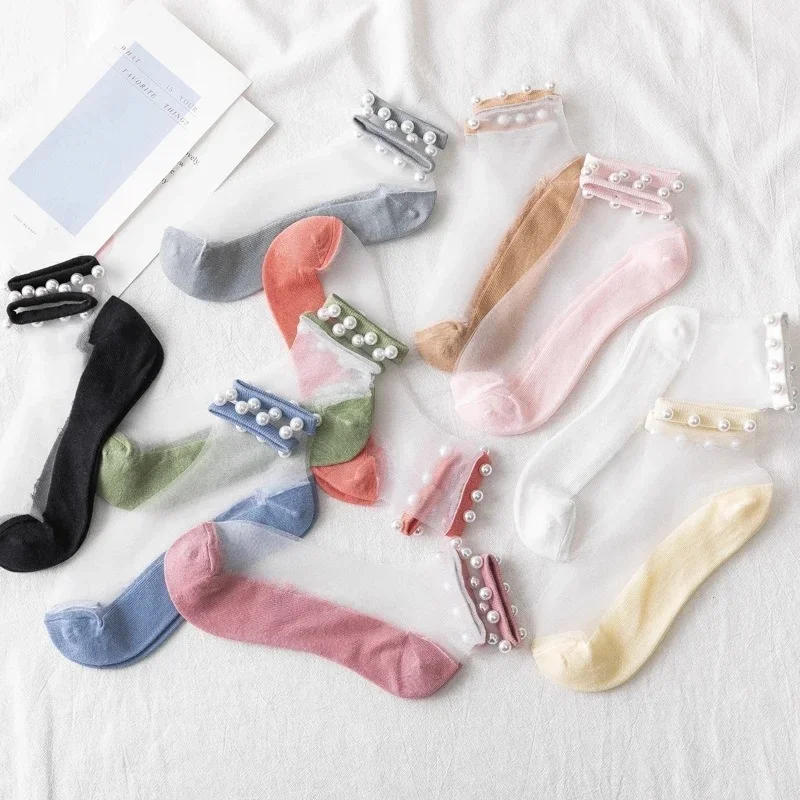 Womens Socks and Ankle Socks Female Breathable Thin Pearl Summer Transparent Glass Fiber Silk Cotton Socks Lace Elastic