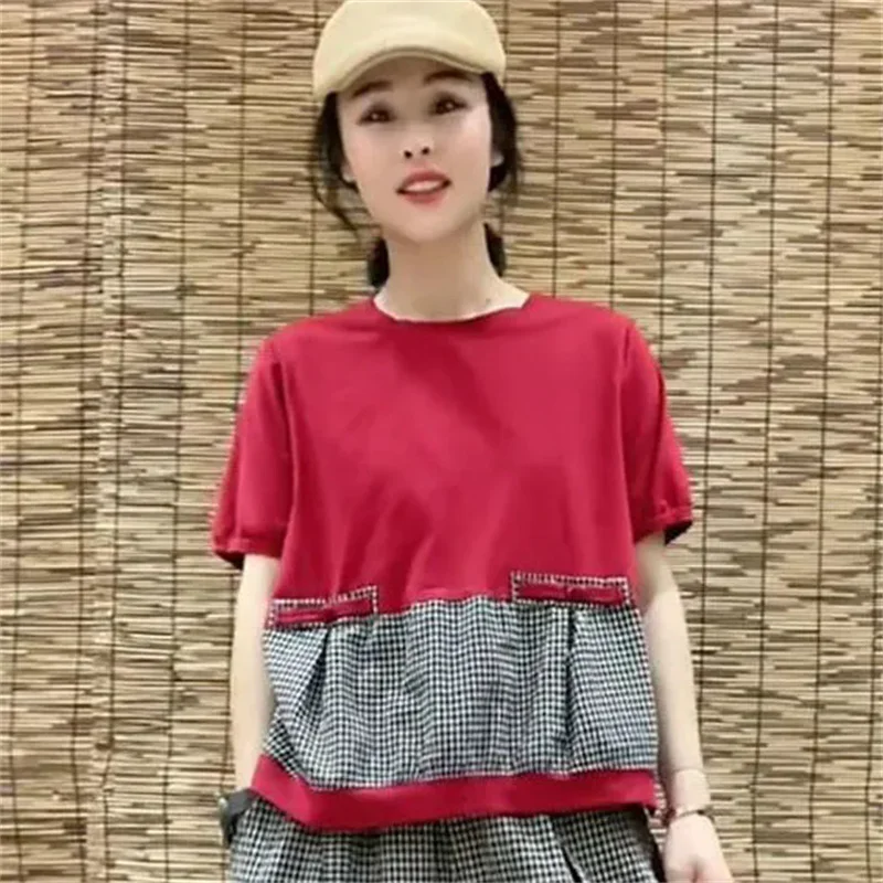 2024 Summer Female New Korean Fashion Splicing Checker Set Damski dwuczęściowy zestaw z bawełny i lnu Harun Pants