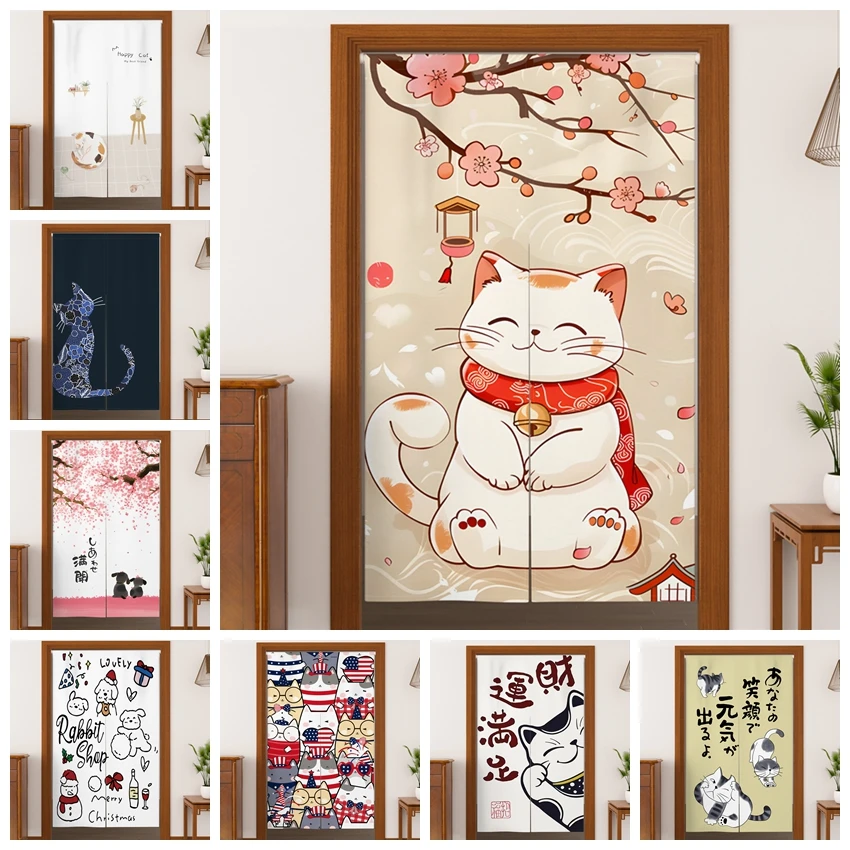 

Японские дверные шторы с милым котом Noren, домашняя перегородка для столовой, льняные шторы для дверного проема, кухонные подвесные полузанавески для входа