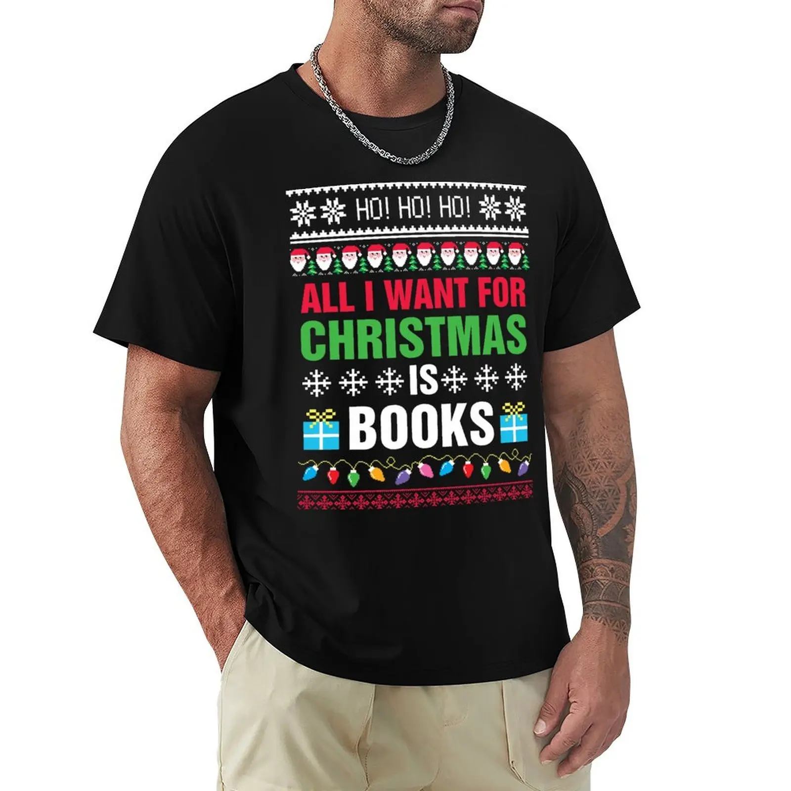 

Book Lover, Bookish, Ugly Sweater, All I want for Christmas is books T-Shirt Basic Simple Casual Short Sleeve Tee