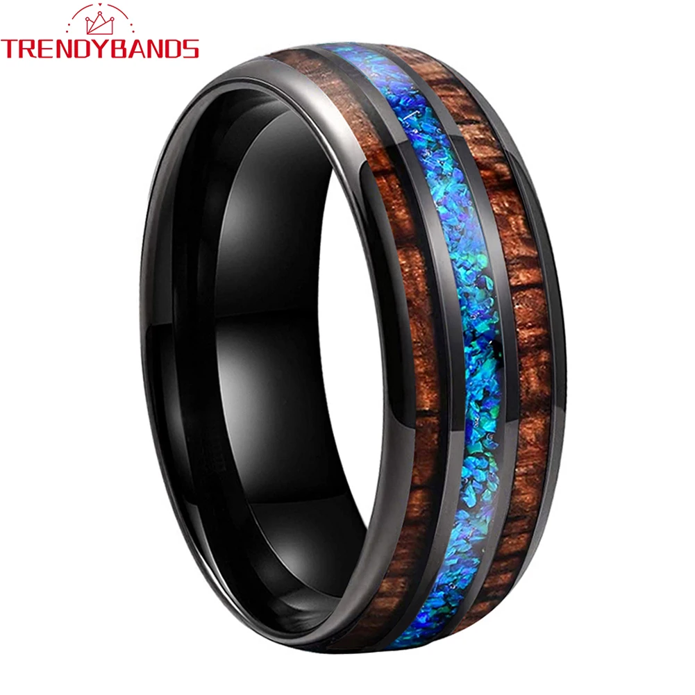 

8mm Black Opal Wood Inlay Tungsten Carbide Fashion Engagement Ring Wedding Band for Men Women Domed Polished Shiny Comfort Fit