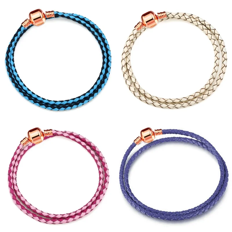 Rose Gold Bead Buckle Mom's Birthday Charm Bracelets Double Loop Snake Bone Chain Leather Rope DIY Jewelry Thanksgiving Gifts