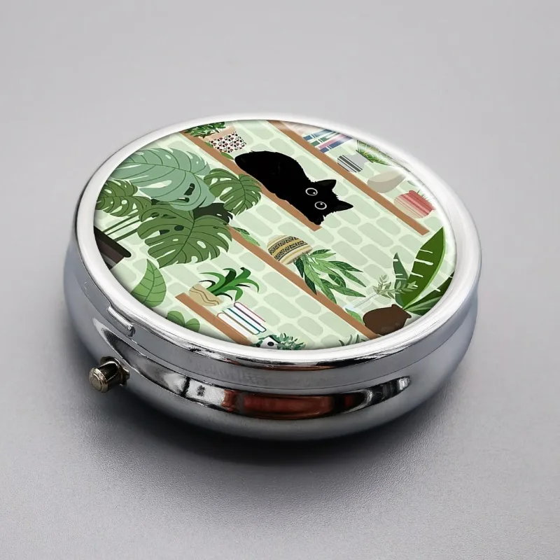 Three-Compartment Pill Box, Portable Pill Box, Can Be Placed in a Pocket or Wallet, Decorative Metal Pill Box, Medicine and Vitamin Storage Box, Unique Gift, Black Cat
