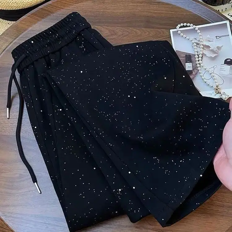 Fashionable Shiny and Shiny Star-filled Wide-leg Pants for Women New High-waisted Straight-leg Casual Sports Trousers