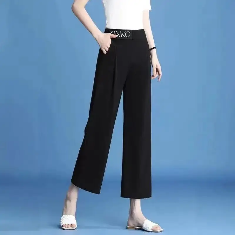 Women Summer Simplicity Loose Office Lady Ice Shreds Solid Color High Waist Wide Leg Women Clothes Casual Trend Cropped Pants