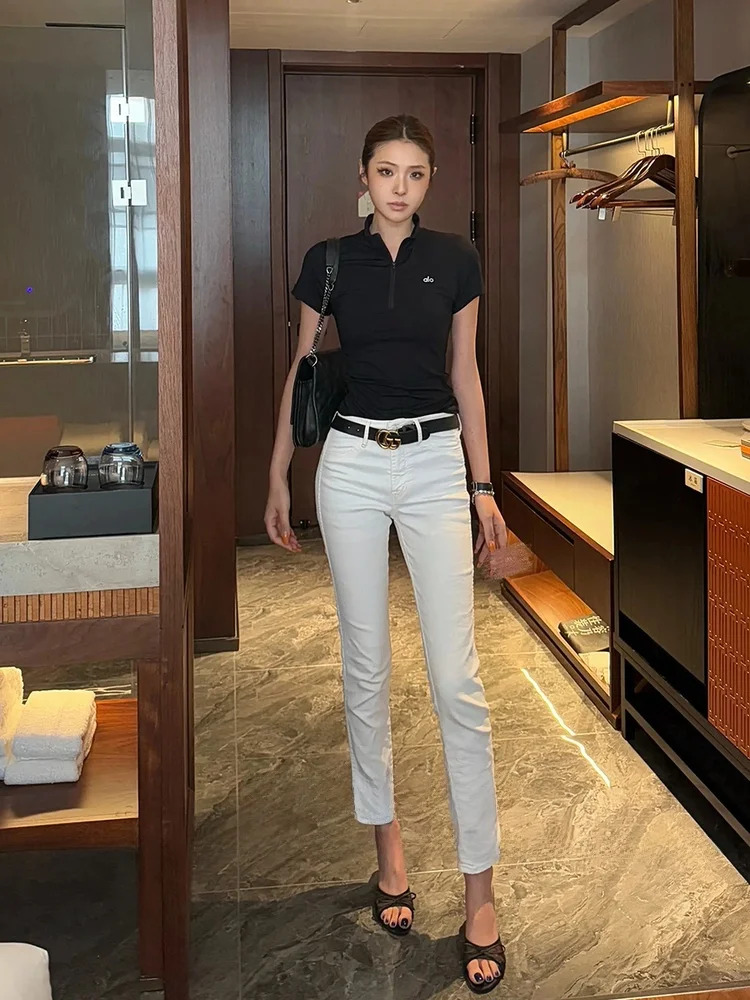 

White Nine-Piece Women's Summer 2025 Slim Straight Jeans High Waist Cotton Stretch Denim Pants Long Legging Effect Casual Sle