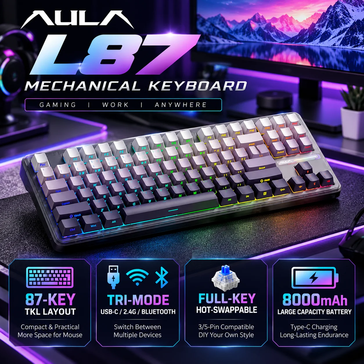 AULA L87 Mechanical Keyboard 87 Keys Tri Mode 2.4G Bluetooth Gasket Hot Swappable RGB 8000mAh PBT Keycaps