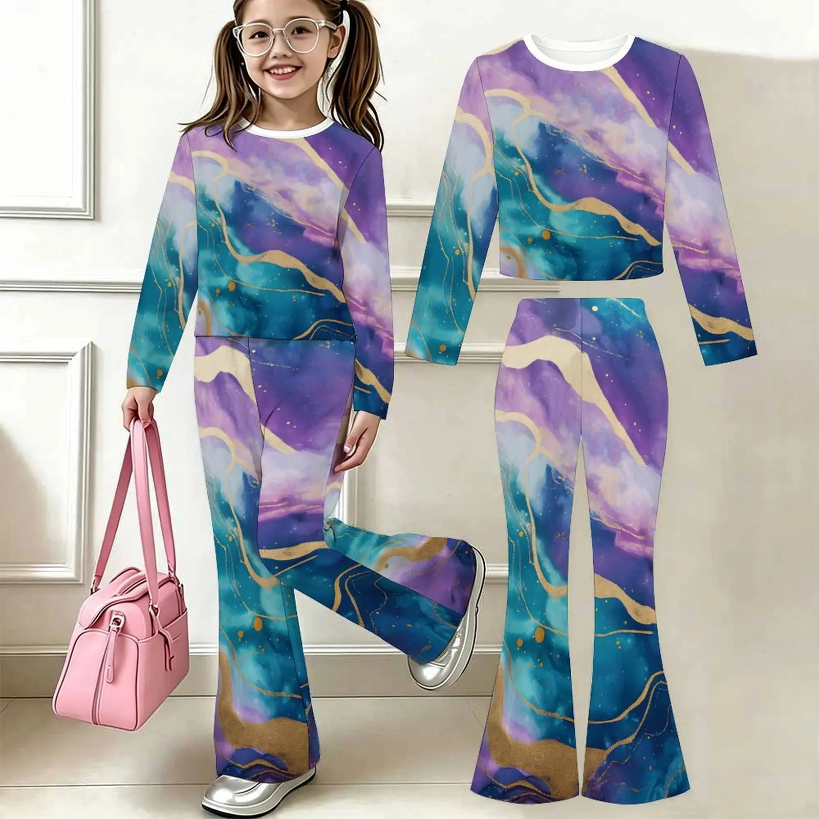 Slim Two-piece Set Fashion Bell-bottomed Pants Children's Casual Pants Autumn Winter Girls' Round Neck Long Sleeved