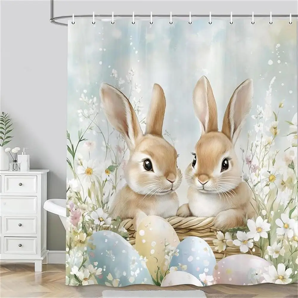 Funny Easter Bunny Shower Curtains Watercolour Floral Leaves Spring Rustic Rabbit Eggs Home Decor Bathroom Curtain With Hooks