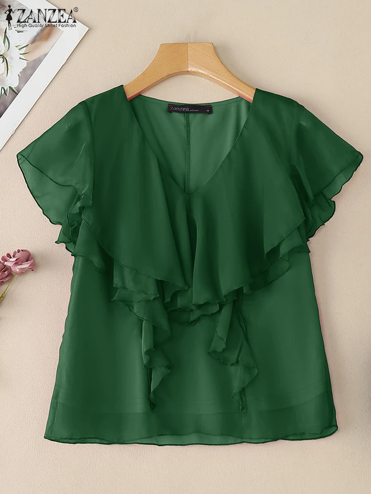 ZANZEA Elegante Chiffon Sheer Blouses Dames Ruches V-hals Korte Mouw Effen Kleur Tops 2025, Zomer Mode Vrouw Kleding S-3XL