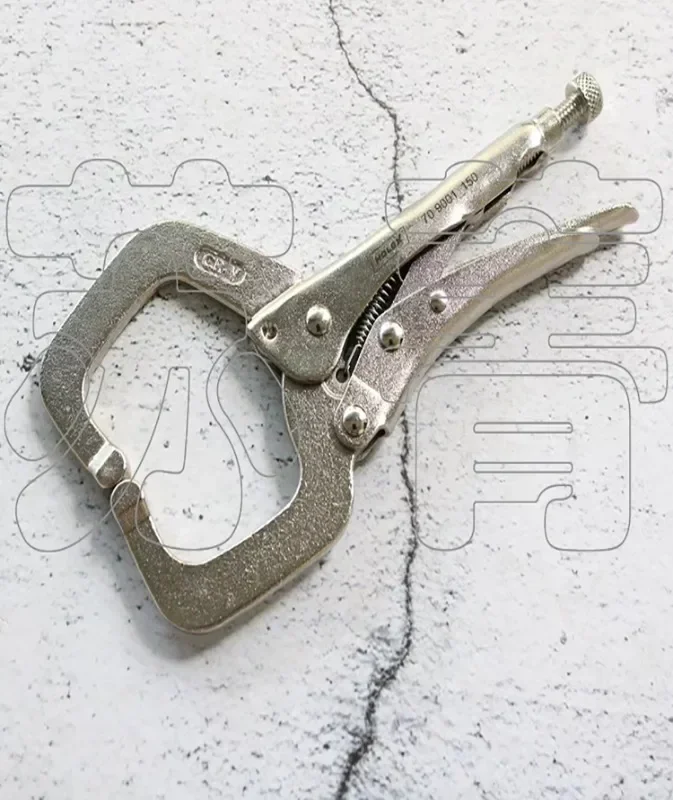 Locking C-type clamp, deep C-type, narrow clamp, wide clamp spacing, nickel plated handle