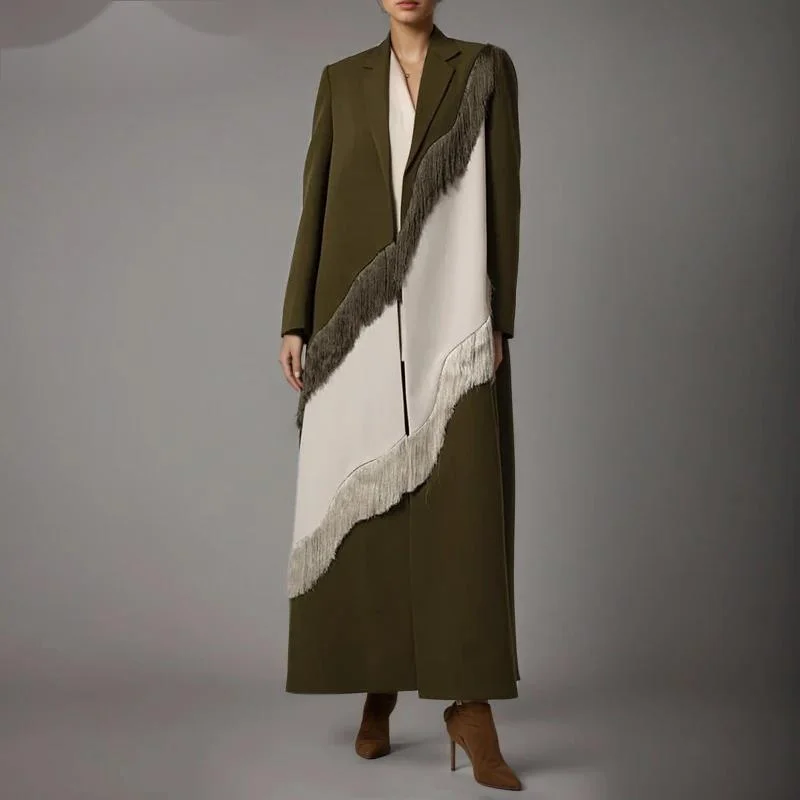 Fashion Contrast Color Tassel Spliced X-Long Blazer Women's Lapel Loose Covered Button Suit Jacket Spring Autumn New 4ID6