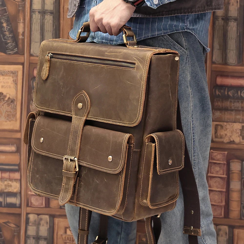 Vintage Business Leather Shoulder Men's Computer Bag  Crazy Horse Leather Large Capacity Travel Backpack For Men