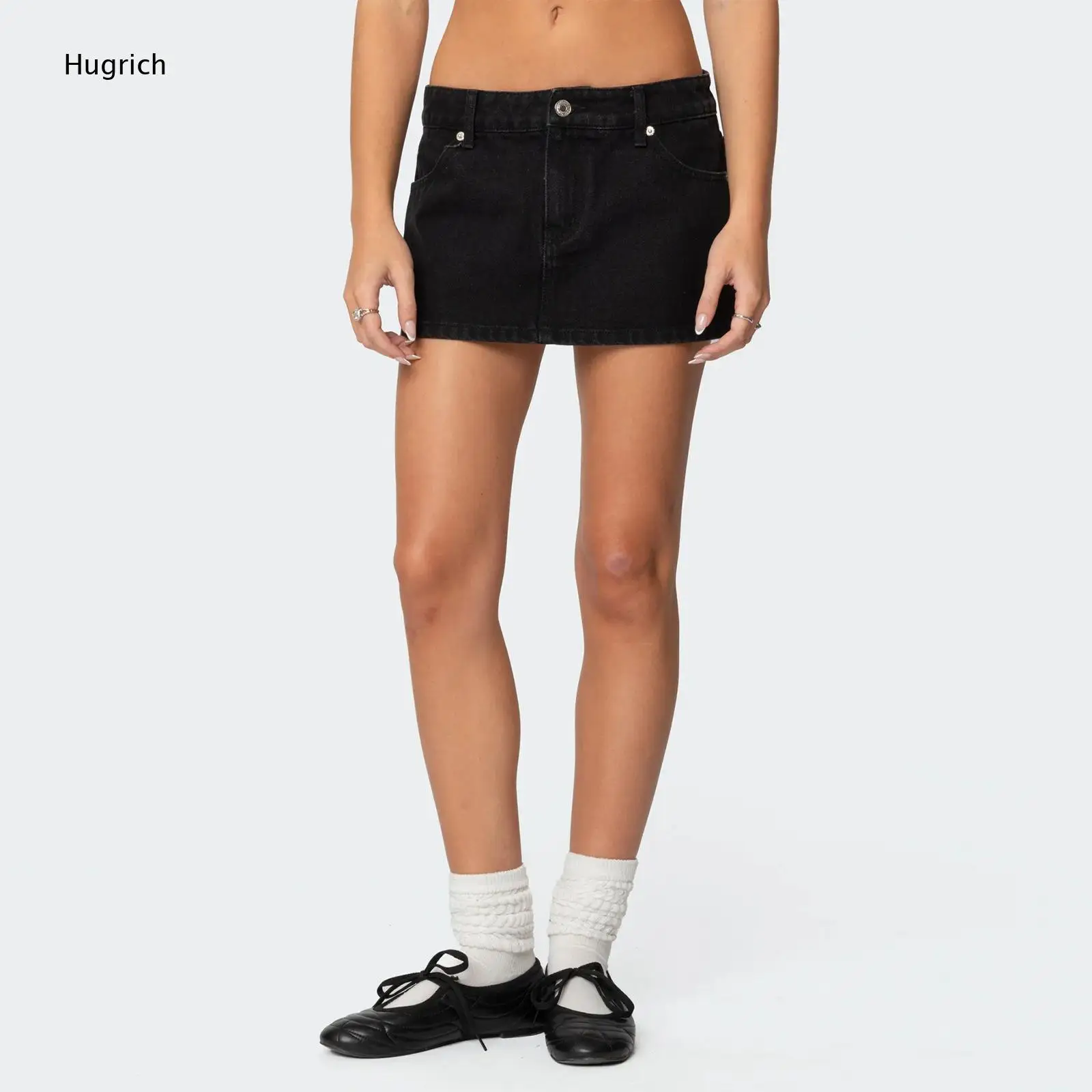 Solid Black Basic Denim Micro Mini Skirt For Women Low Rise Metal Button Closure Side Pockets Daily Streetwear Skirt