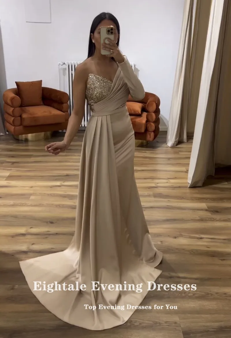 Eightale Arabic Evening Dresses One Long Sleeve Satin Mermaid Prom Gown Satin Champagne Wedding Guest Party Gown Robes De Soirée