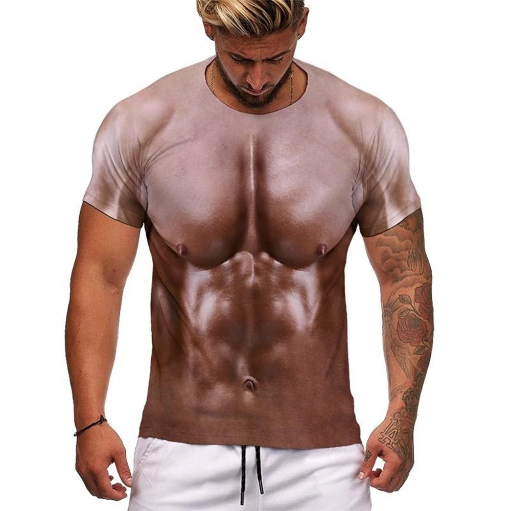 Summer fashion trend fun 3D printing men\'s personalized fake muscle printed T-shirt street casual comfortable short sleeved top