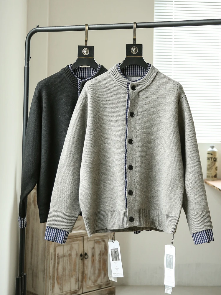 

Ретро-кардиган в японском стиле, мужской вязаный свитер с клетчатыми вставками, модная верхняя одежда для осени и зимы, новинка, молодежная повседневная одежда