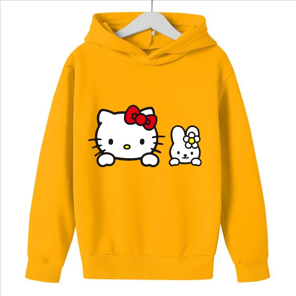 

Детские толстовки с капюшоном Hello Kitty, свитшот, кавайная новинка, пуловер Sanrio, модная повседневная одежда с аниме-рисунком, теплый топ для мальчиков и девочек