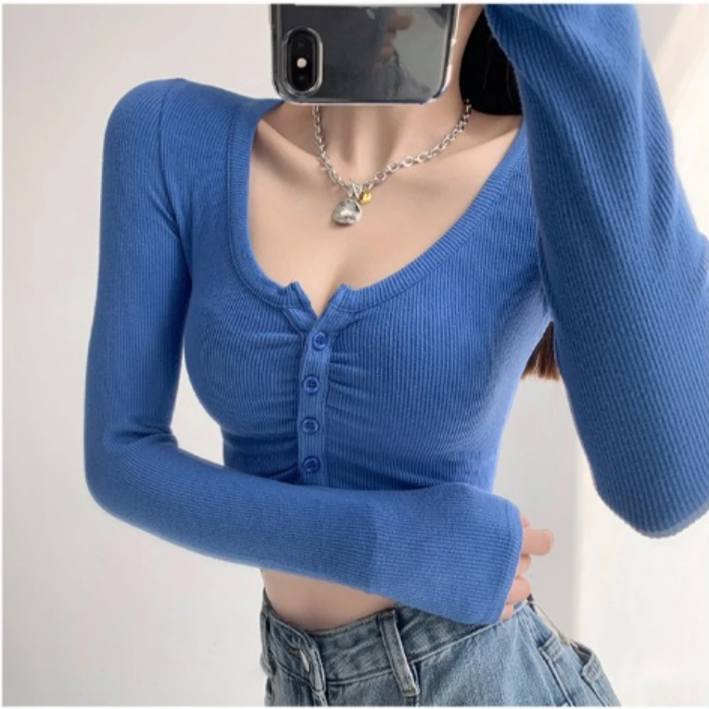 Navel Bottoming Shirt Tight Short Cardigan Large Neckline Solid Color Long-sleeved T-shirt High Waist Slim Knitted Top Sweater