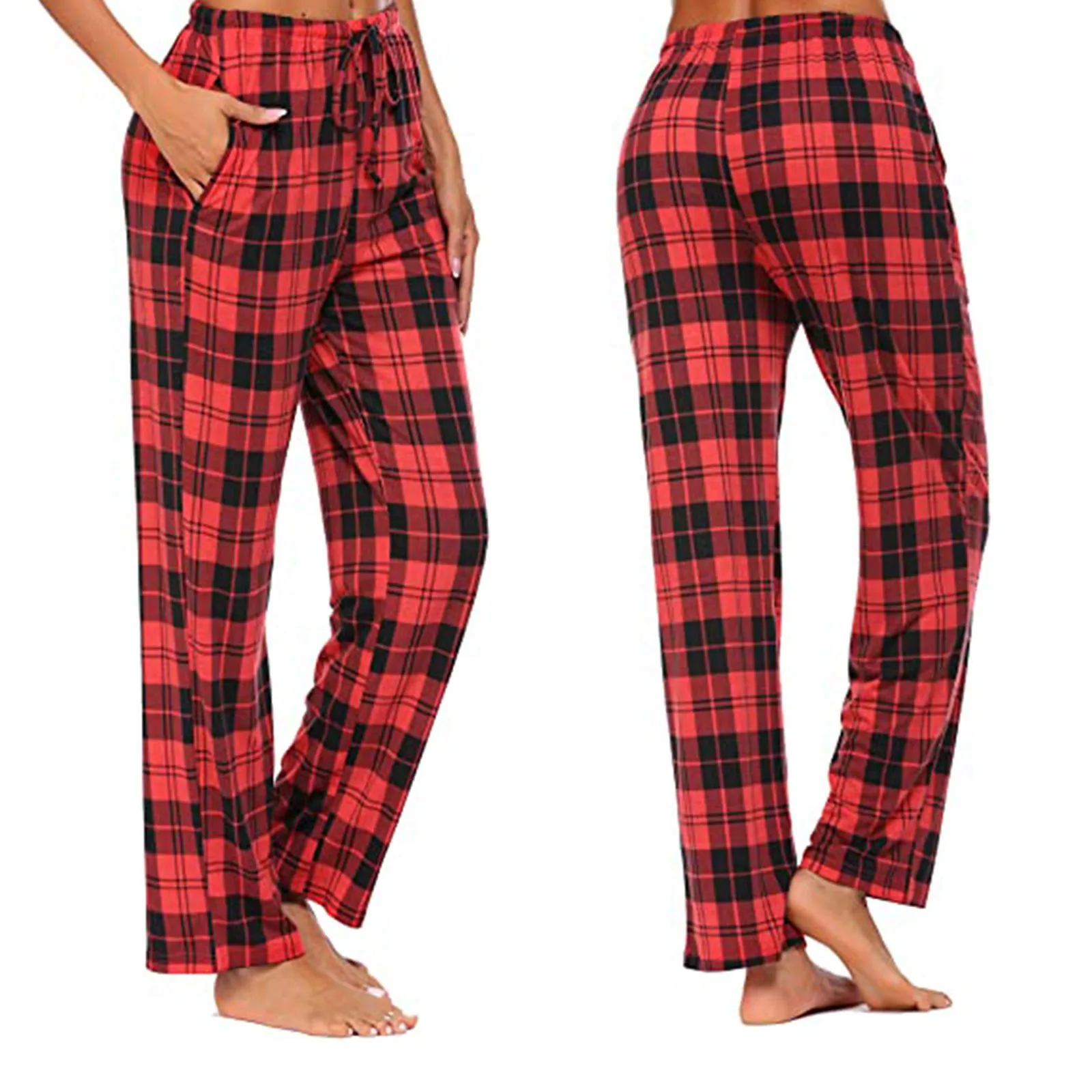 

Pantalon Y2k Christmas Pajama Pants Elastic Plaid Thin Comfortable Autumn/Winter Trousers Loose Drawstring Wide Leg Pj Bottoms