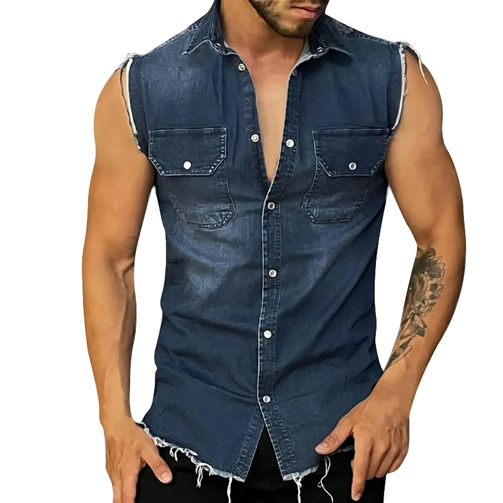 Men's Fitted Vintage Denim Vest Sleeveless Denim Vest And Jacket Geometric Korean Fashion