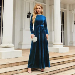 2023 Autumn and Winter Women's Fashion Elegant Long Dress Gold Velvet Solid Comfortable Versatile Round Neck Lace Up Dress