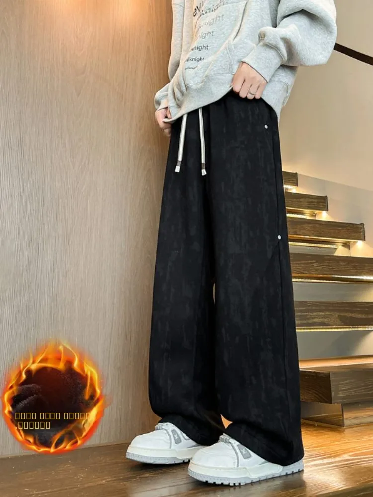 

Мужские зимние утепленные джинсы в американском ретро-стиле с эффектом потертости, повседневные брюки с заклепками, деконструированные, прямого кроя, свободные спортивные штаны