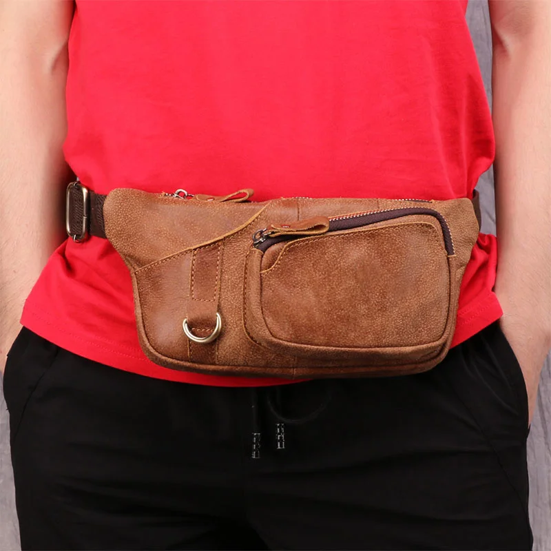 

men Genuine Vintage Leathe waist bag Male cow leather fanny pack male travel chest for cell phone belt man