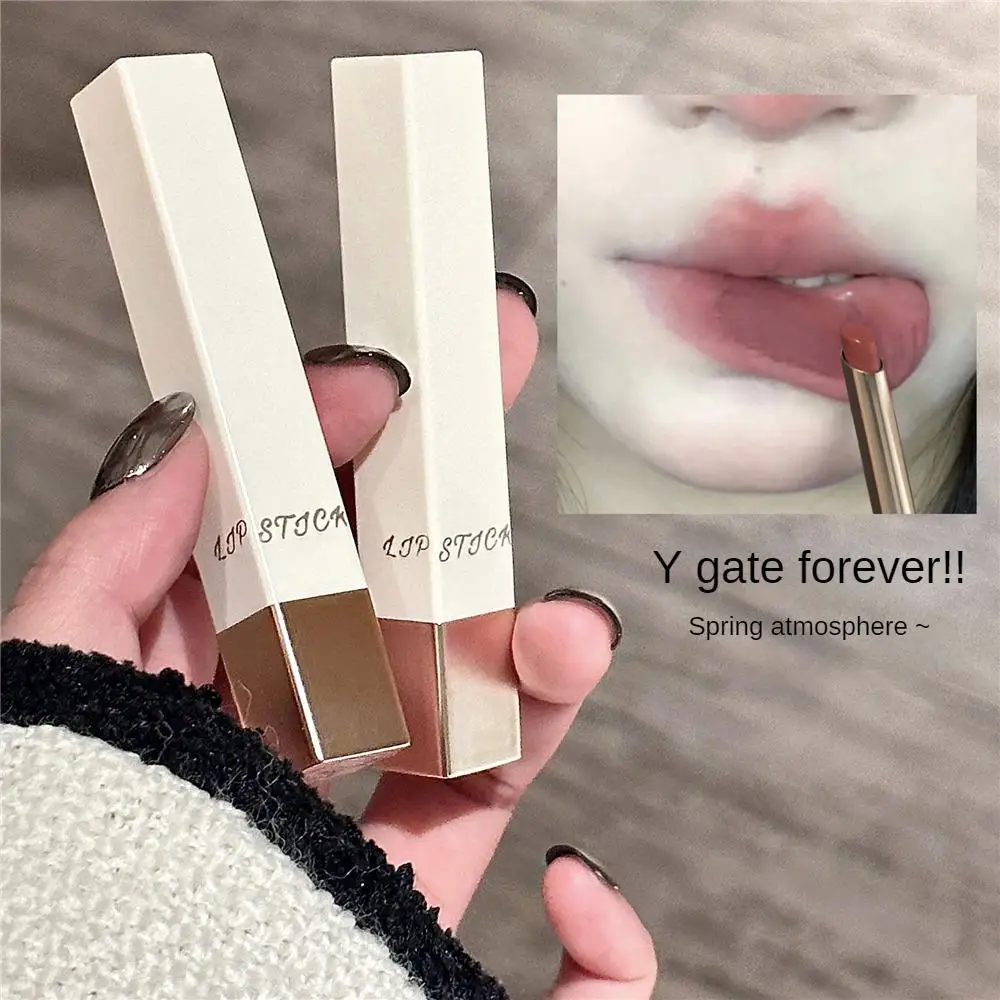 Lipstik Matte Nude tabung putih, Perona bibir warna tahan air tahan lama tidak pudar beludru merah delima, kosmetik riasan wanita