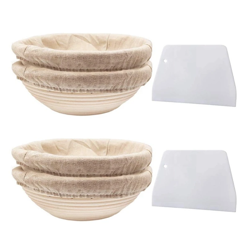 

Round Set,4 Yeast Baskets For Bread And Bread Dough, Banneton Proofing Basket With Linen Inserts,Dough Scraper Set Round