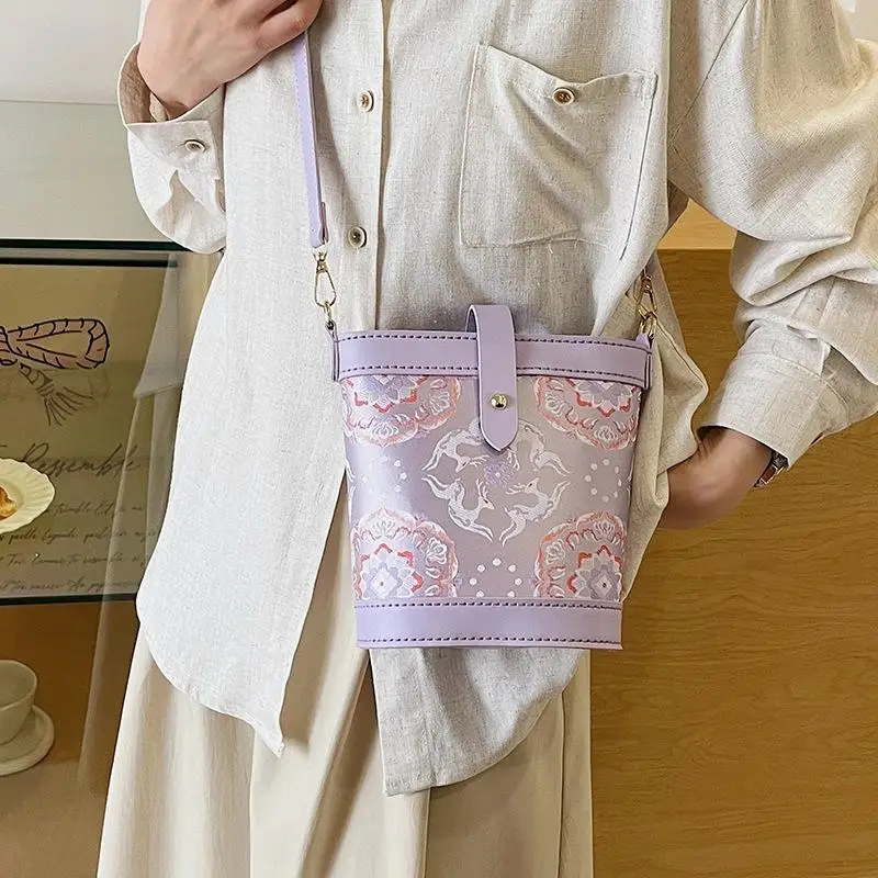 DIY Knitted Bag - Pink Vintage Pattern Shoulder Bag With Slanted Strap, PU Leather Silk Scarf Bucket Bag
