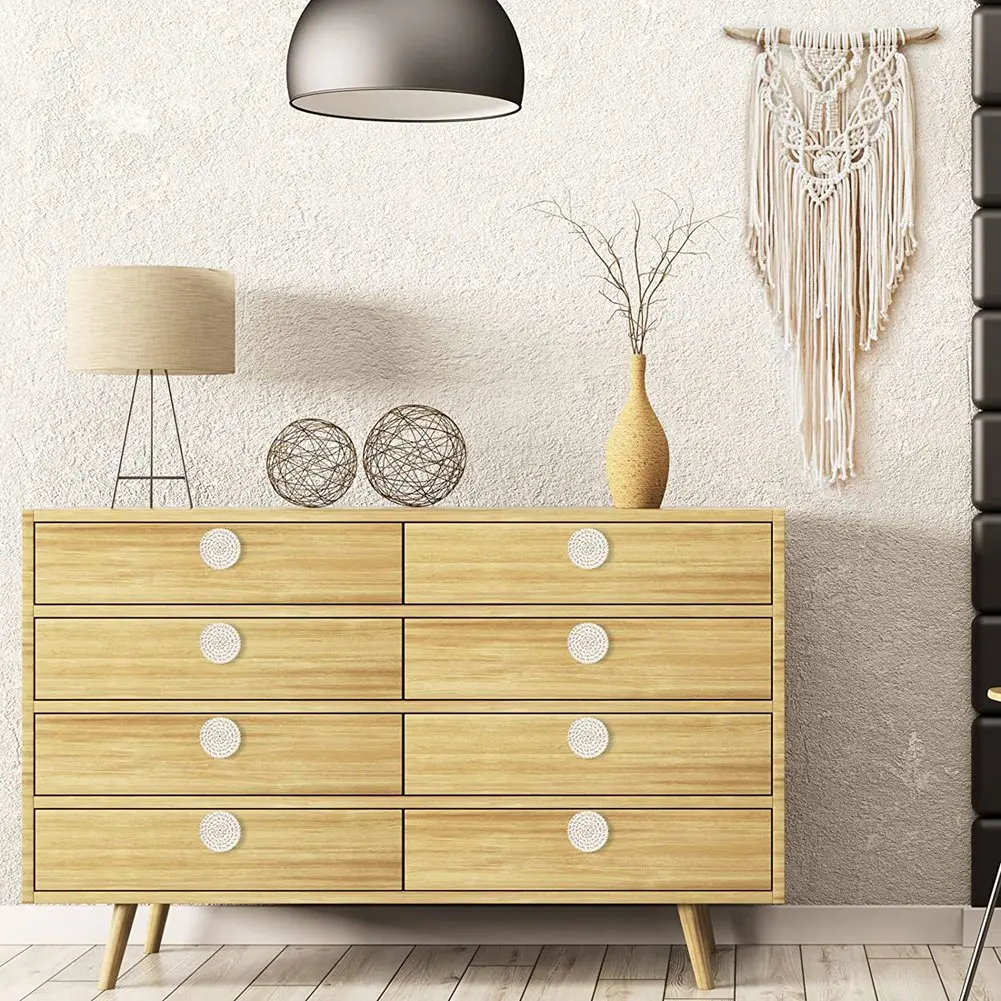 ABZV-Pomos de tocador de ratán bohemio, pomos redondos de madera para cajones, tejidos de mimbre hechos a mano y tornillos para muebles bohemios, color Beige, 12 piezas