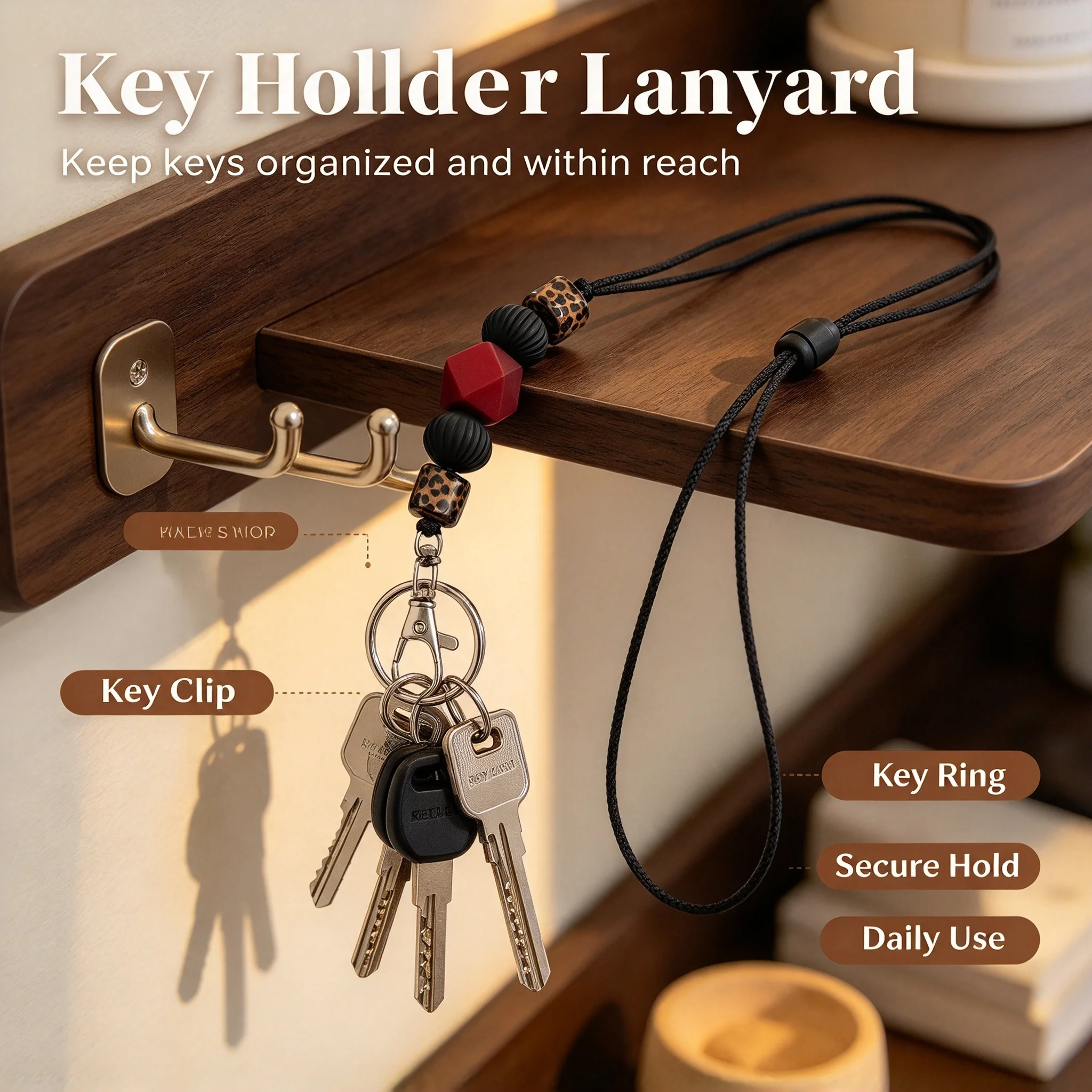 Leopard print matte rubber bead detachable hanging rope necklace, fashionable chest badge keychain pendant