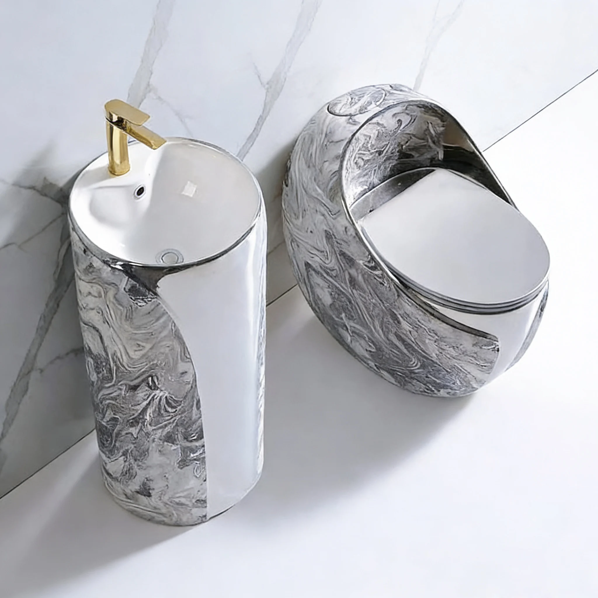 2026 Luxury Bathroom Sanitary Ware Wc Inodoro Ceramic Floor One Piece Silver Color Toilet Set With Pedestal Sinkpromote sales